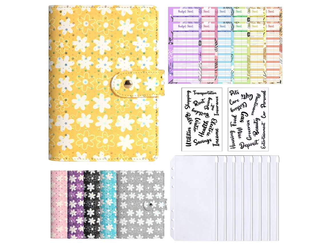 A6 Pu Leather Ring Binder Cash Budget Planner, Starry Sky Flowers Notebook With 8-zipper Pockets, 12-cash Budget Cards