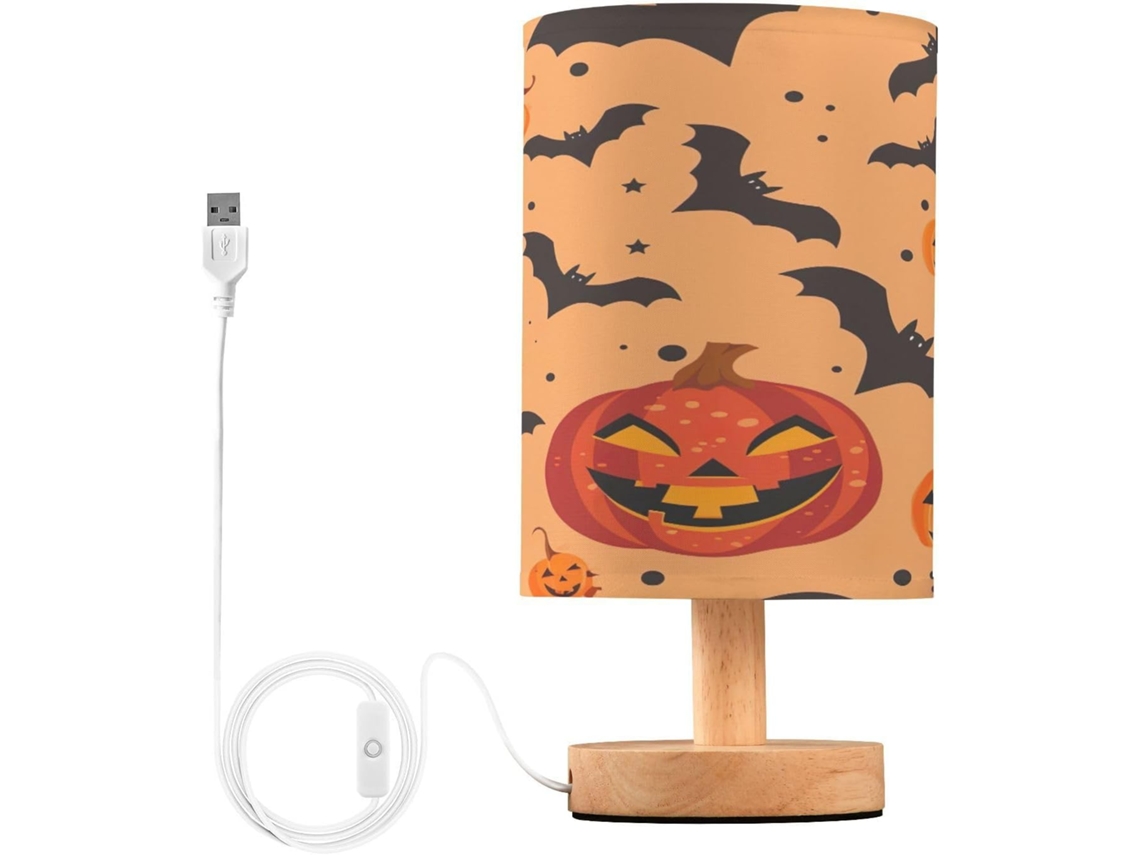 Luminária de mesa Skyshu LED em formato de cabeça de abóbora de Halloween, tamanho pequeno, com fonte de alimentação USB e base de madeira.