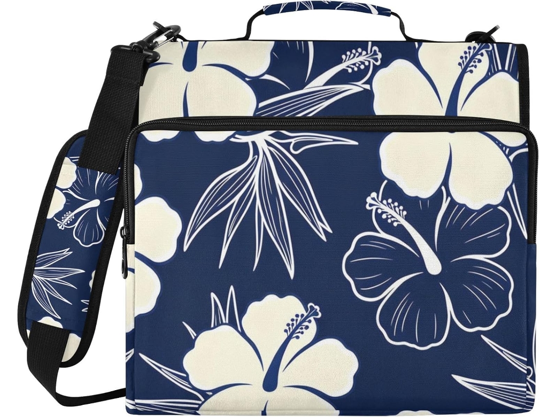Pasta Escolar Azul Escura Com Estampa Floral Havaiana, 3 Argolas, Zíper, Alça De Mão E Ombro Removível Inclui