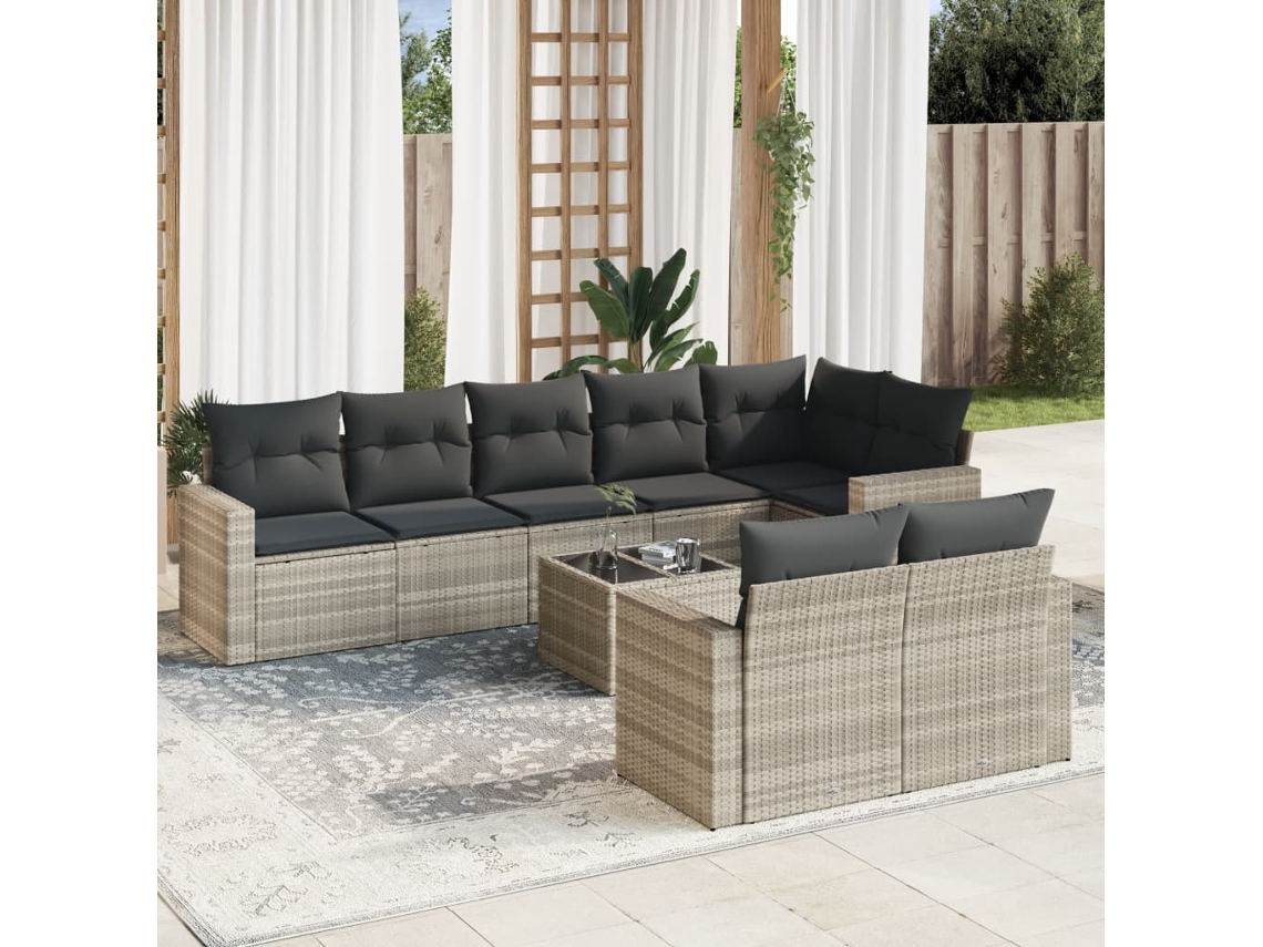 Vidaxl 9 Pcs Conj. Sofás Jardim Com Almofadões Vime Pe Cinzento-claro