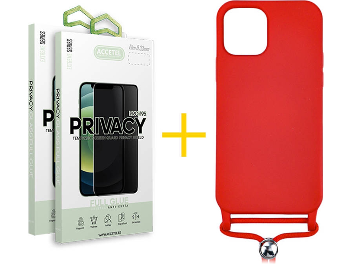 Capa + 2 Películas de Vidro Anti-Spy iPhone 13 Pro Max ACCETEL Gel Rope Vermelho