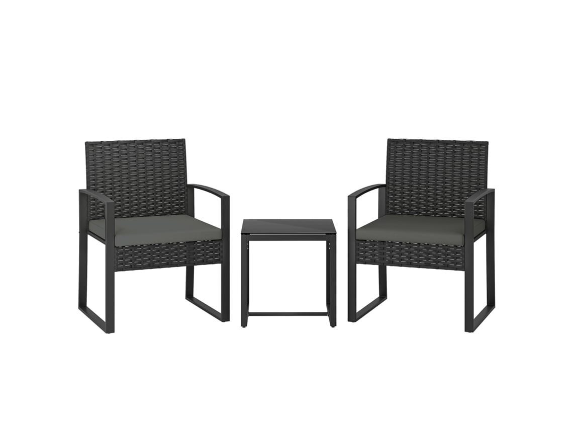 Conjunto Jardim 2 Lugares Vime Sintético QINGYU TECH com Mesa de Vidro Temperado e 2 Cadeiras