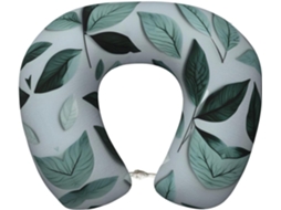 Travesseiro de Viag em Espuma Viscoelástica com Estampa Folhas Tons Cinza Menta Suporte para o Pescoço 100 %