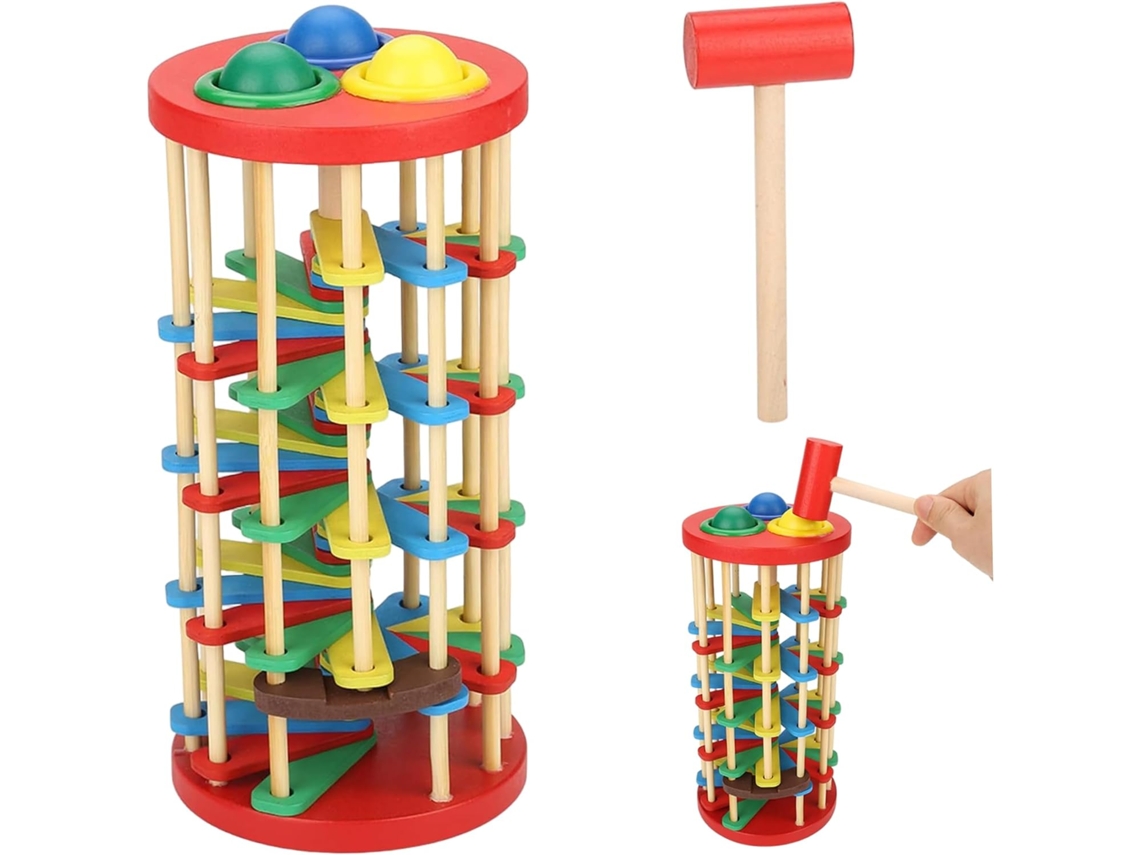 Brinquedo De Queda Bolas, Torre Madeira Com Rampas Giratórias,