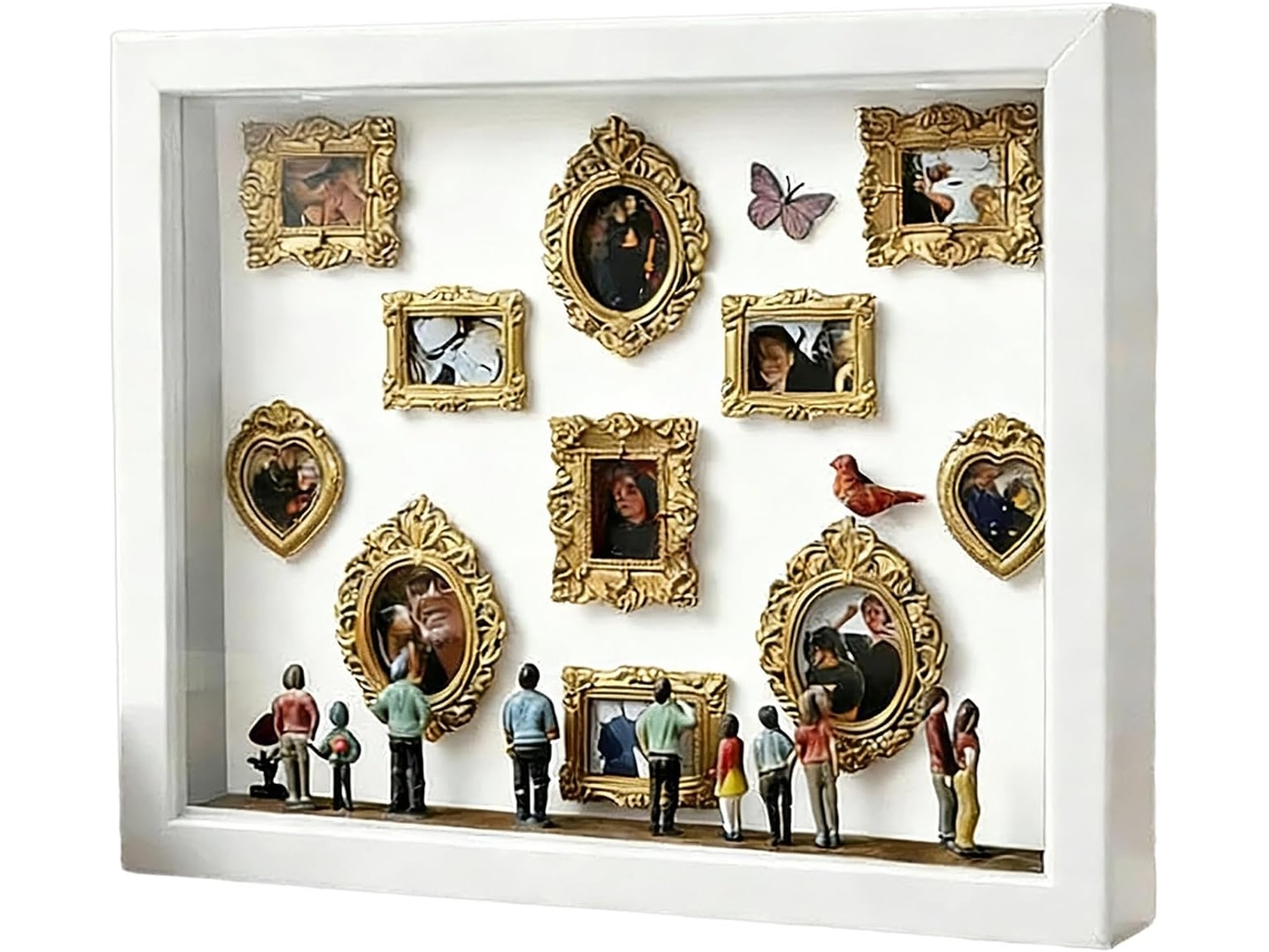 Conjunto Diy Mini Museu De Bonecas - Molduras Foto - Molduras Led Retro Mini - 11 Molduras Douradas + 8 Ornamentos - Branco