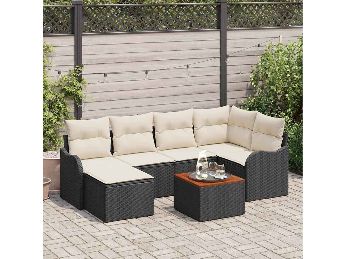 Vidaxl Conjunto De Sofá De Jardim 7 Unid. Preto E Creme Vime Pe