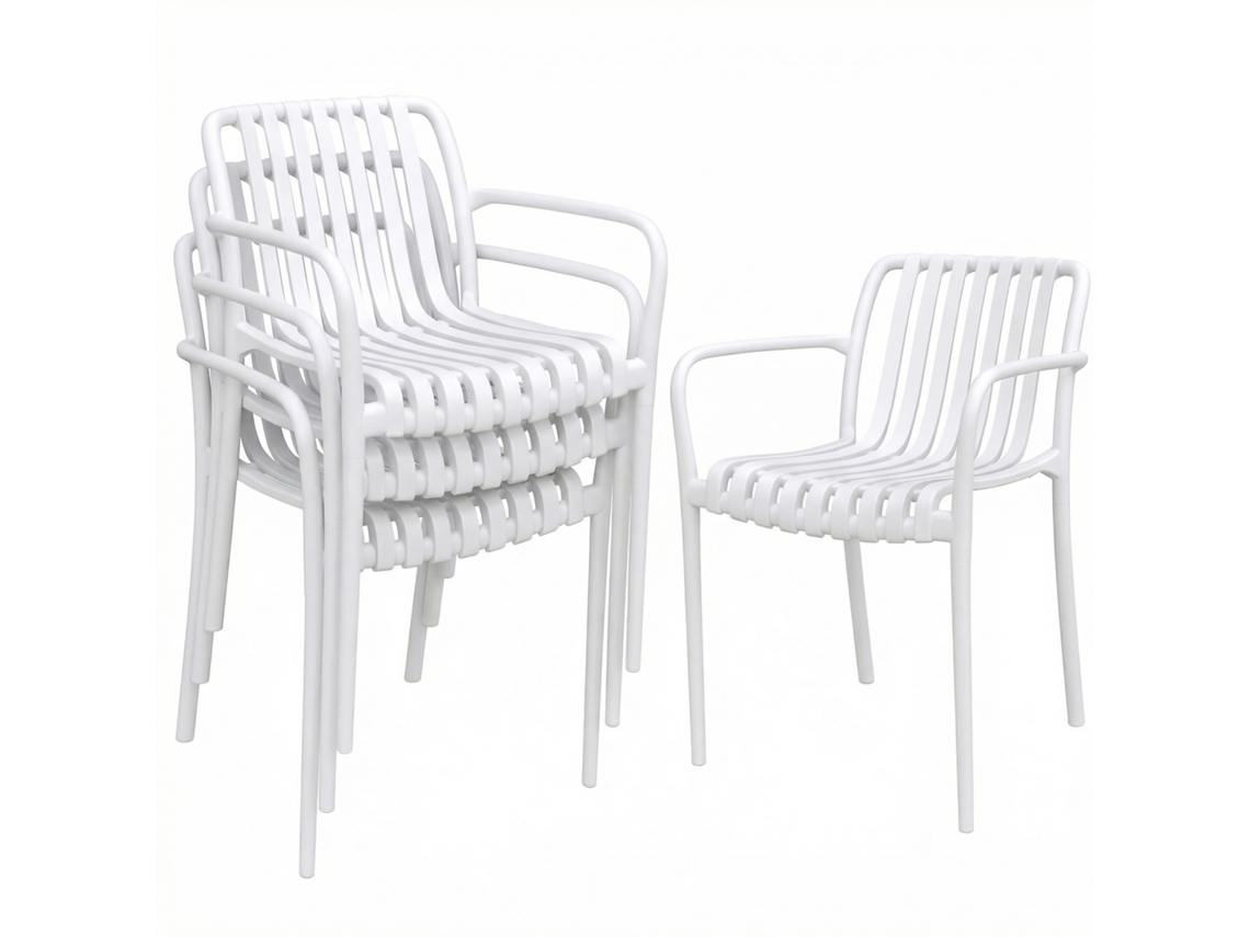 Conjunto de 4 cadeiras de jardim empilháveis em PP com encosto curvo e ripado (55x58,5x81,5 cm) Brancas