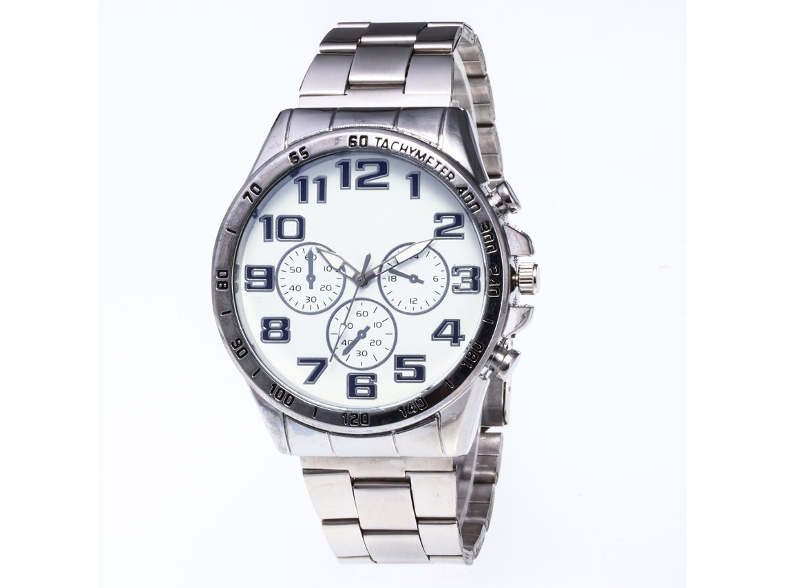Relógio de pulso masculino elegante com pulseira de aço, mostrador redondo e mecanismo de quartzo.