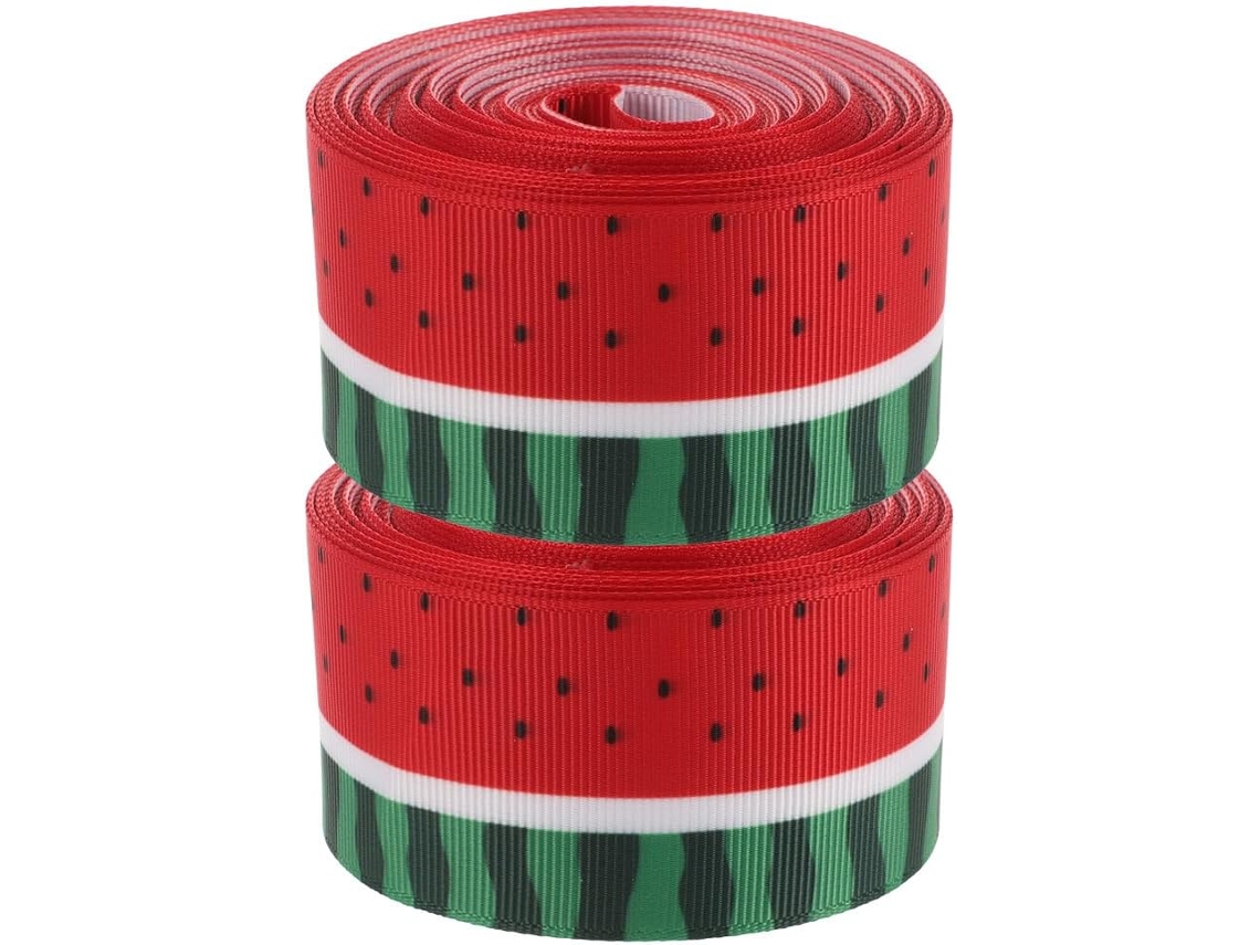 2 Rolos de Poliéster Estampados com Borda Aramada, Cor Melancia, Ideal para Embrilhar Presentes, Fazer Fitas