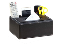 Cubre Caja De Pañuelos Rectangular De Cuero Negro Con Organizador Multifuncional Para Control Remoto Y Papelería