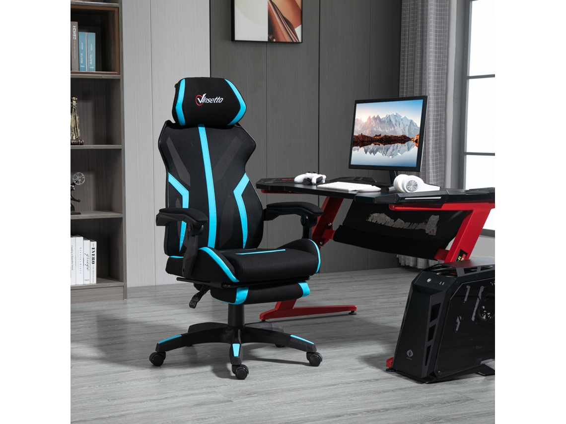 Cadeira De Gaming Com Apoio Para Os Pés Retrátil De Escritório Reclinável Com Para A Cabeça E Altura Ajustável 65x65x119-129cm Preto E Azul
