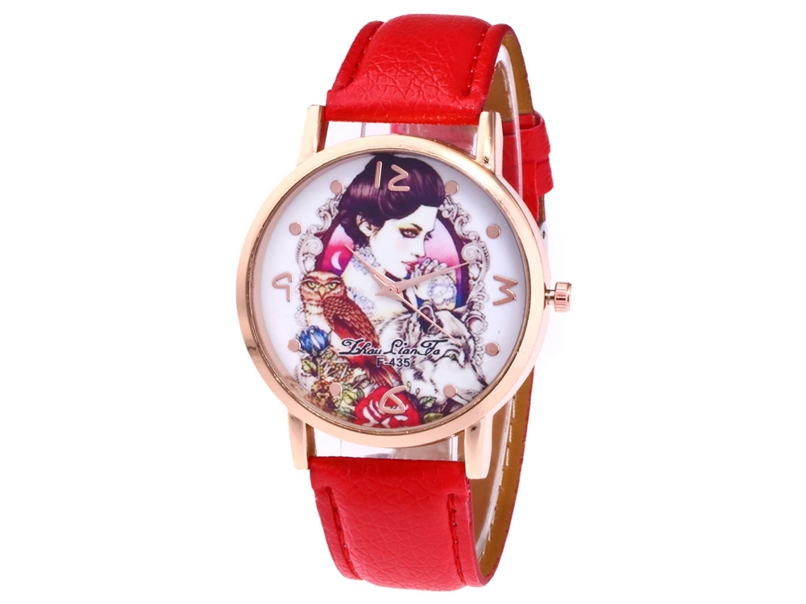 Relógio de quartzo com pulseira de couro PU, mostrador redondo moderno, unissex, vermelho