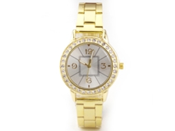 Relógio masculino e feminino elegante com pulseira de aço, mostrador redondo de quartzo (dourado)