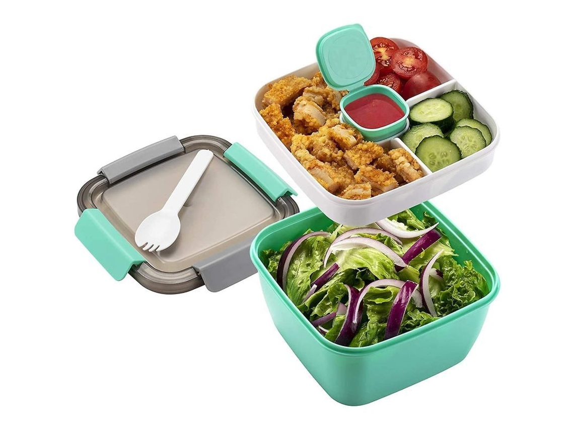 Caixa de Salada Nova Line, com 3 compartimentos, potinho para molho, airtight, micro-ondas, 1500ml | S/MARCA