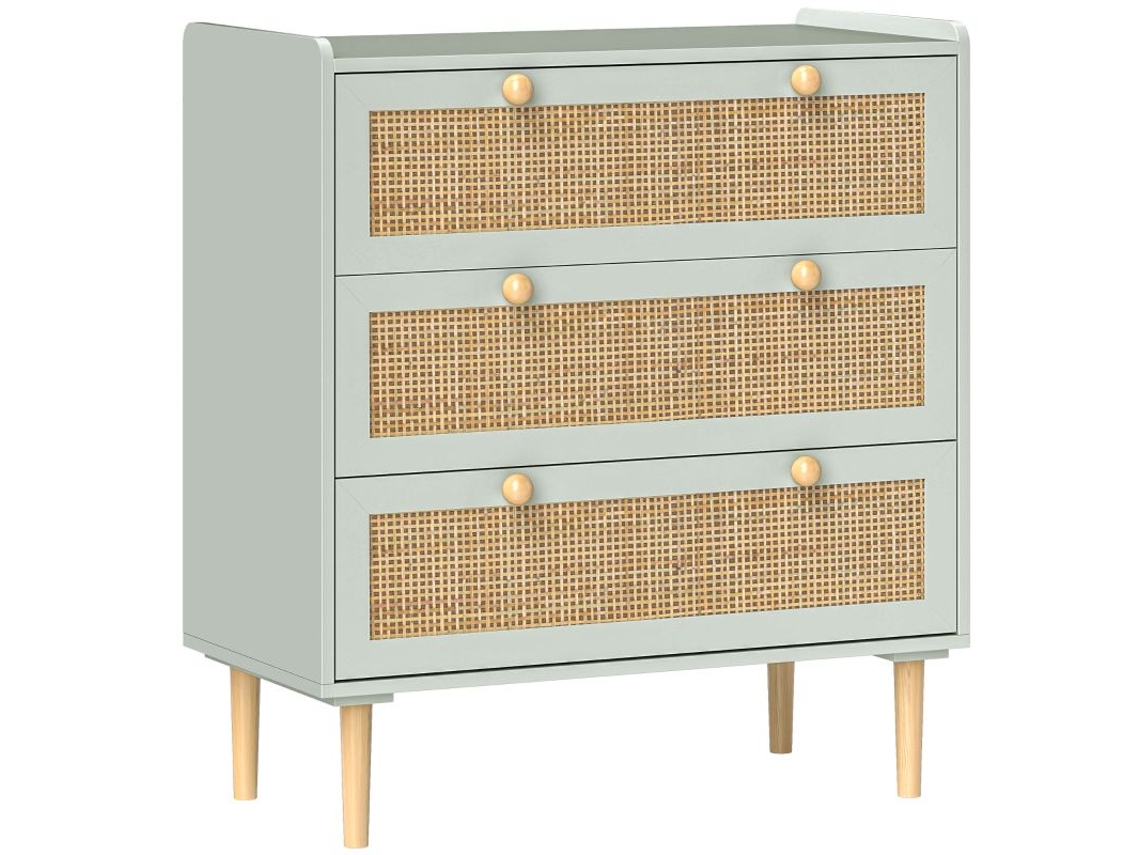 Cómoda de Quarto com 3 Gavetas, Frentes em Vime, Cómoda para Corredor e Entrada, Mdf, Verde ZIWEI STORE