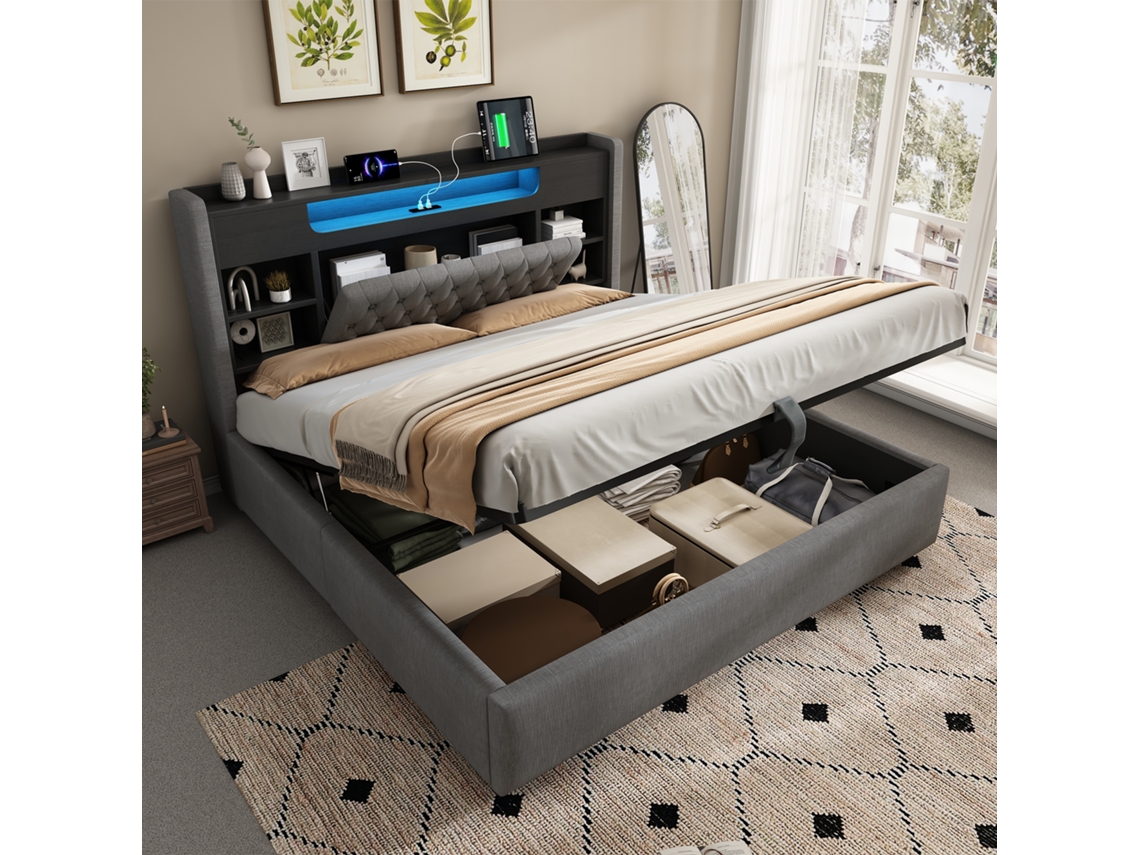 Cama Estofada Linho Cinza 140x190 Cm