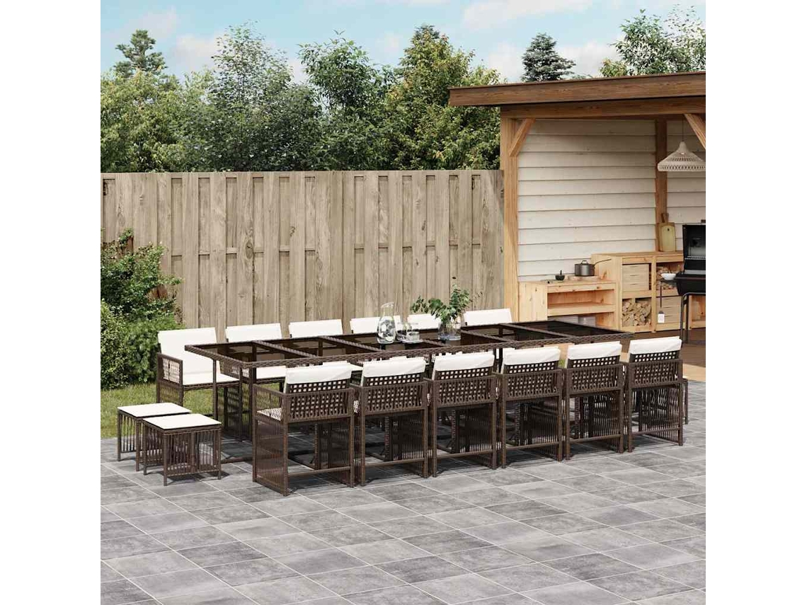 17 Pcs Conjunto Jantar P/ Jardim C/ Almofadões Vime Pe Marrom Dkd Home Decor
