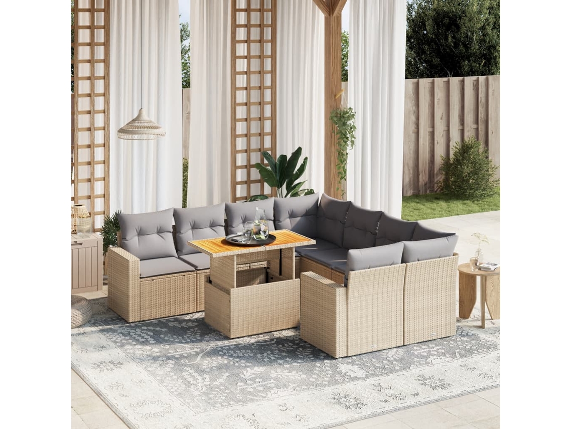 Vidaxl 9 Pcs Conjunto De Sofás P/ Jardim Com Almofadões Vime Pe Bege