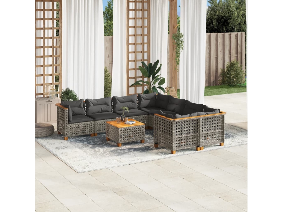 Vidaxl 9 Pcs Conjunto Sofás P/ Jardim Com Almofadões Vime Pe Cinzento