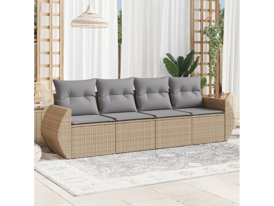 Vidaxl 4 Pcs Conjunto De Sofás Para Jardim C/ Almofadões Vime Pe Bege