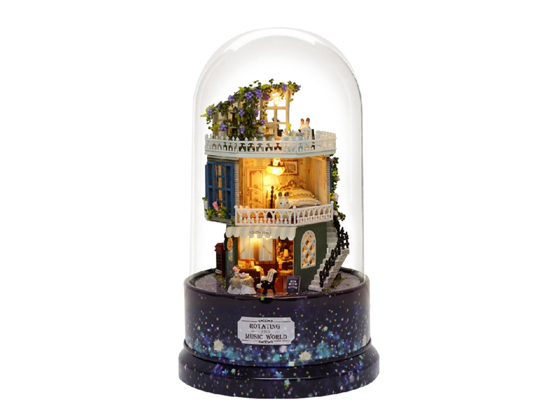 Casinha de Bonecas Diy Miniatura com Caixa de Música Giratória, Luz Led e Capa Anti poeira