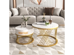 Conjunto De 2 Mesas De Centro Redondas Em Mdf Efeito Mármore Branco E Dourado 70x45,5cm E 50x38,5cm