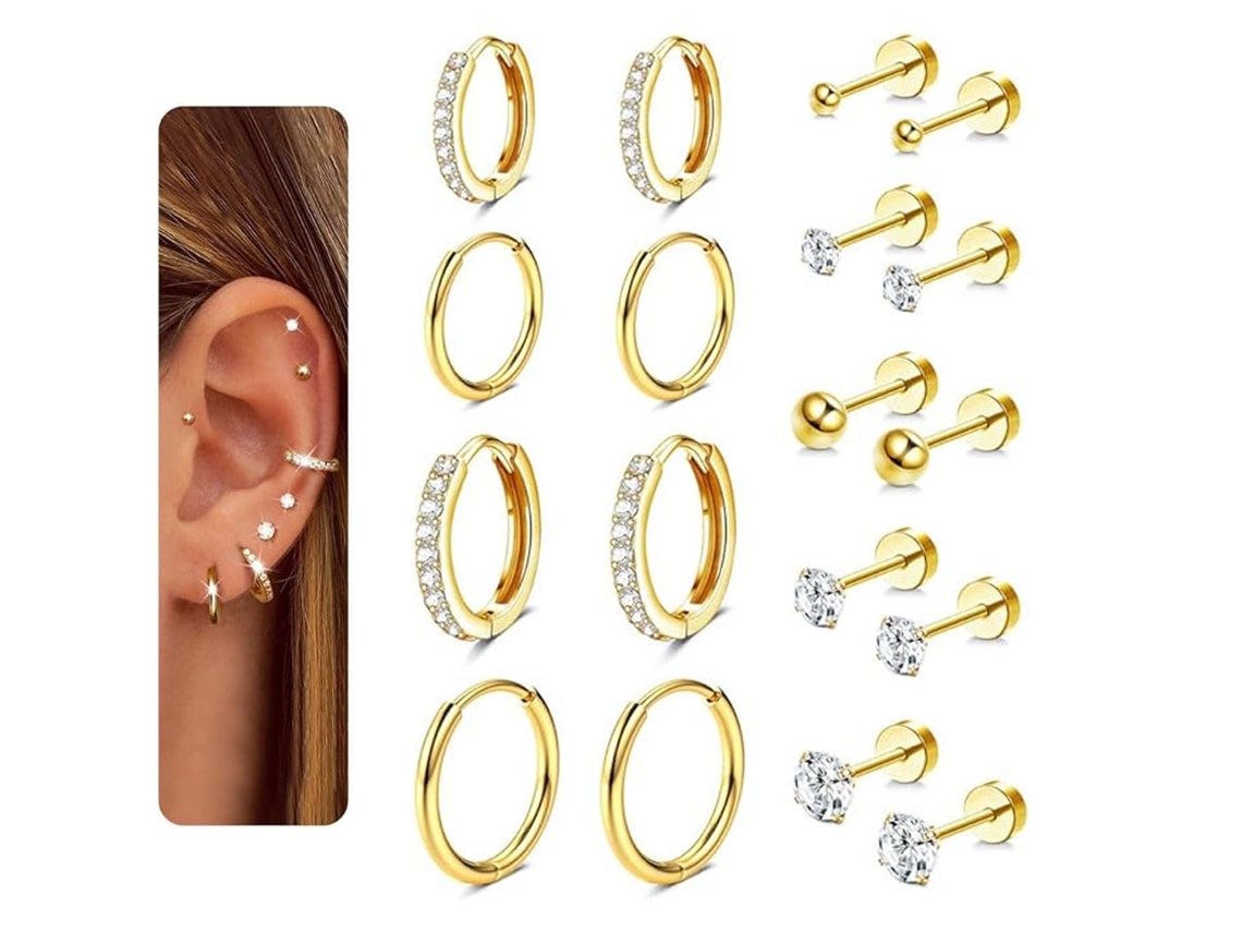 Brincos, 9 Pares De Brincos De Aço Inoxidável, Unissex, Para Orelhas Sensíveis (dourado) Spqment