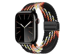 Pulseira Magnética Trançada Em Nylon Para Apple Watch Series 10, Design Elástico Arco Íris, Preto Com Arco Íris, 44 45 46