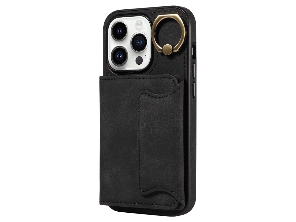 Suporte Casa Para Iphone 15 Pele Sintética Com Porta-cartões Preto