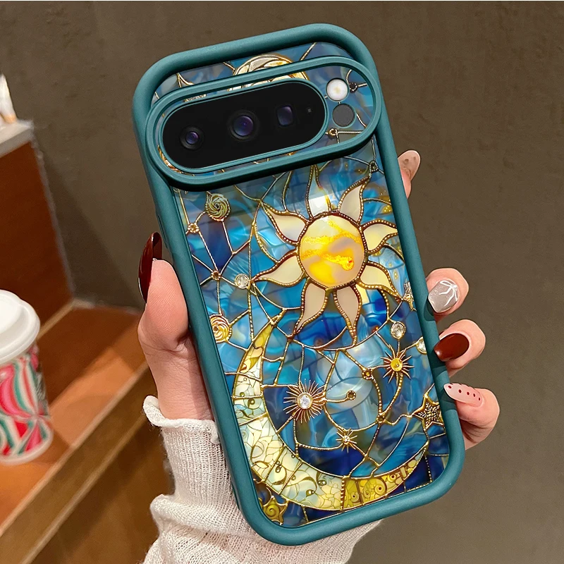 Capa Para Celular Google Pixel 8 Com Estampa Retrô De Sol E Lua (azul), Em Tpu Macio E Resistente A Impactos.