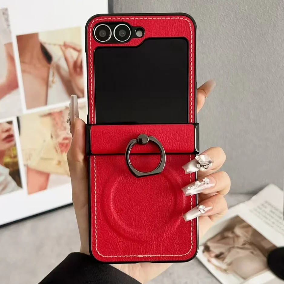(vermelho, Galaxy Z Flip4) Capa De Celular Retrô Em Couro Granulado Com Suporte Articulado Magnético