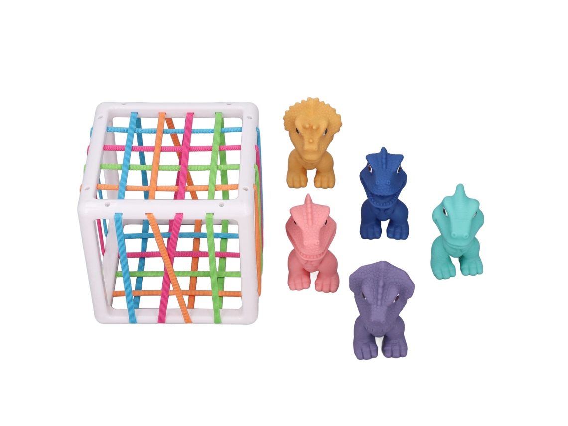 Brinquedo sensorial de classificação com elásticos, em formato de dinossauro para bebês.