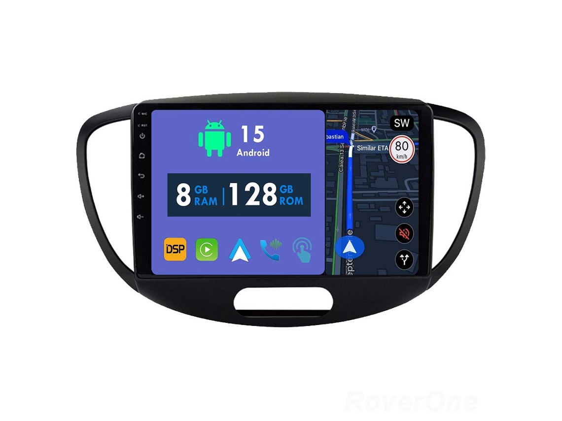 Auto Rádio Carro Bluetooth Autoradio 8GB RAM 128G ROM CarPlay Navegação GPS Ecrã Táctil RoverOne para Hyundai i10 2007-2013  