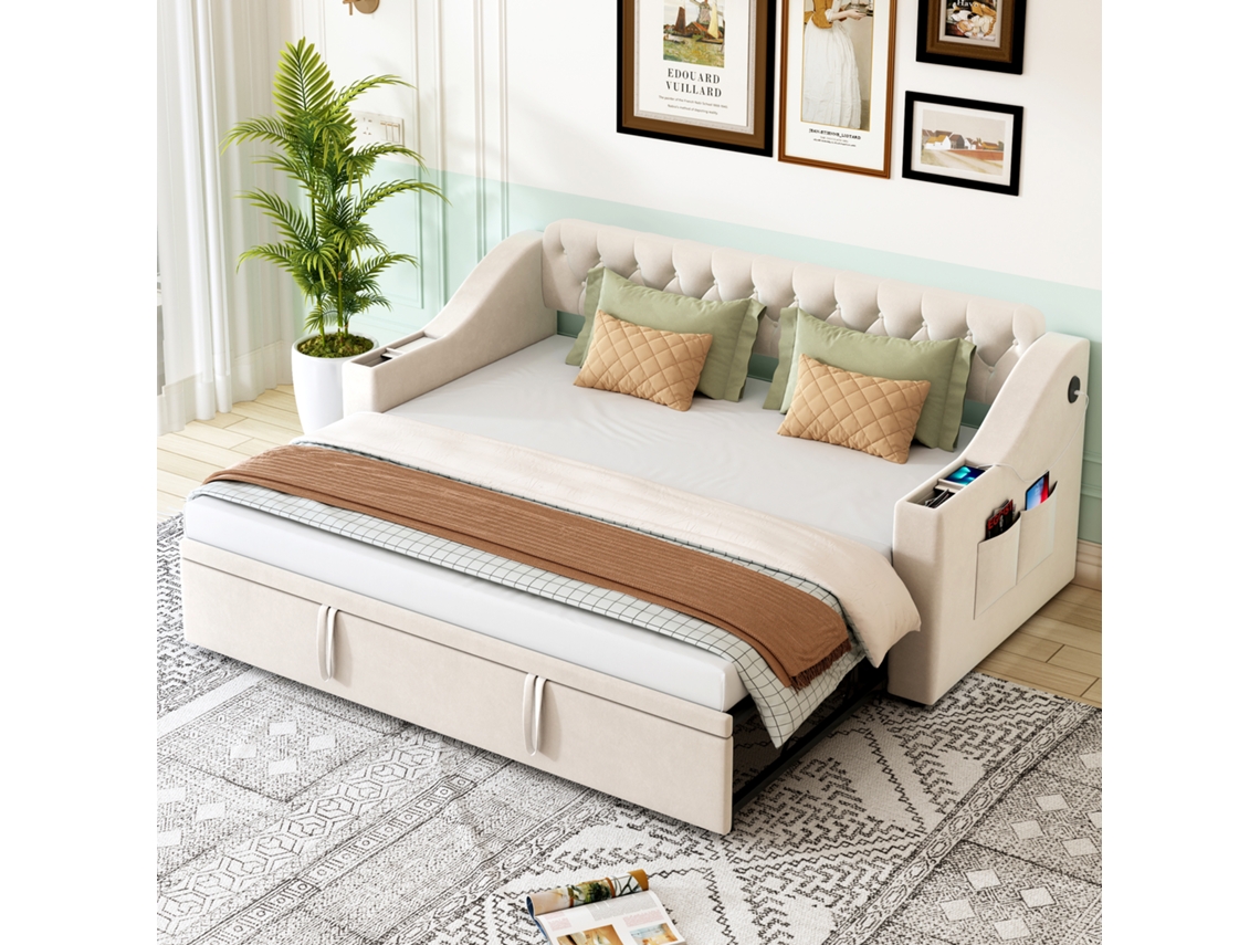 Sofá Cama 90/180x190 Cm Braços Largos Usb Armazenamento Seda Bege