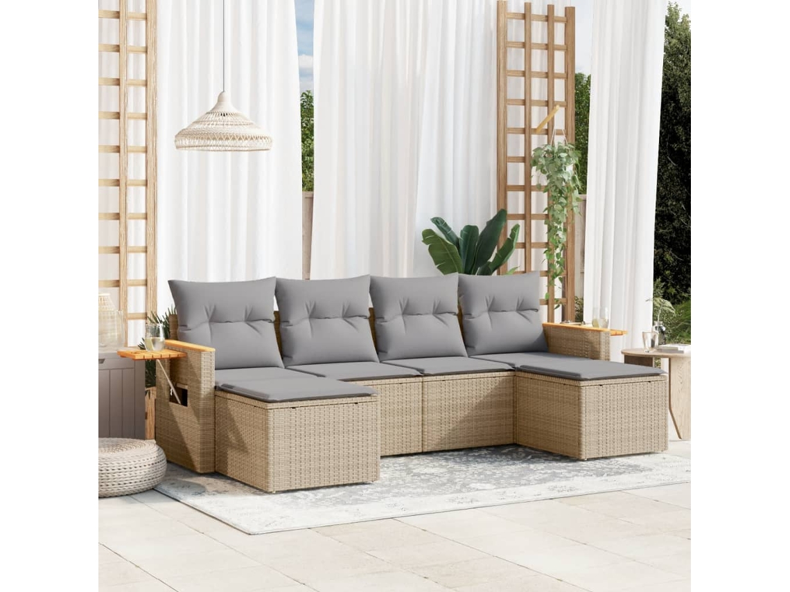 Vidaxl 6 Pcs Conjunto De Sofás P/ Jardim Com Almofadões Vime Pe Bege