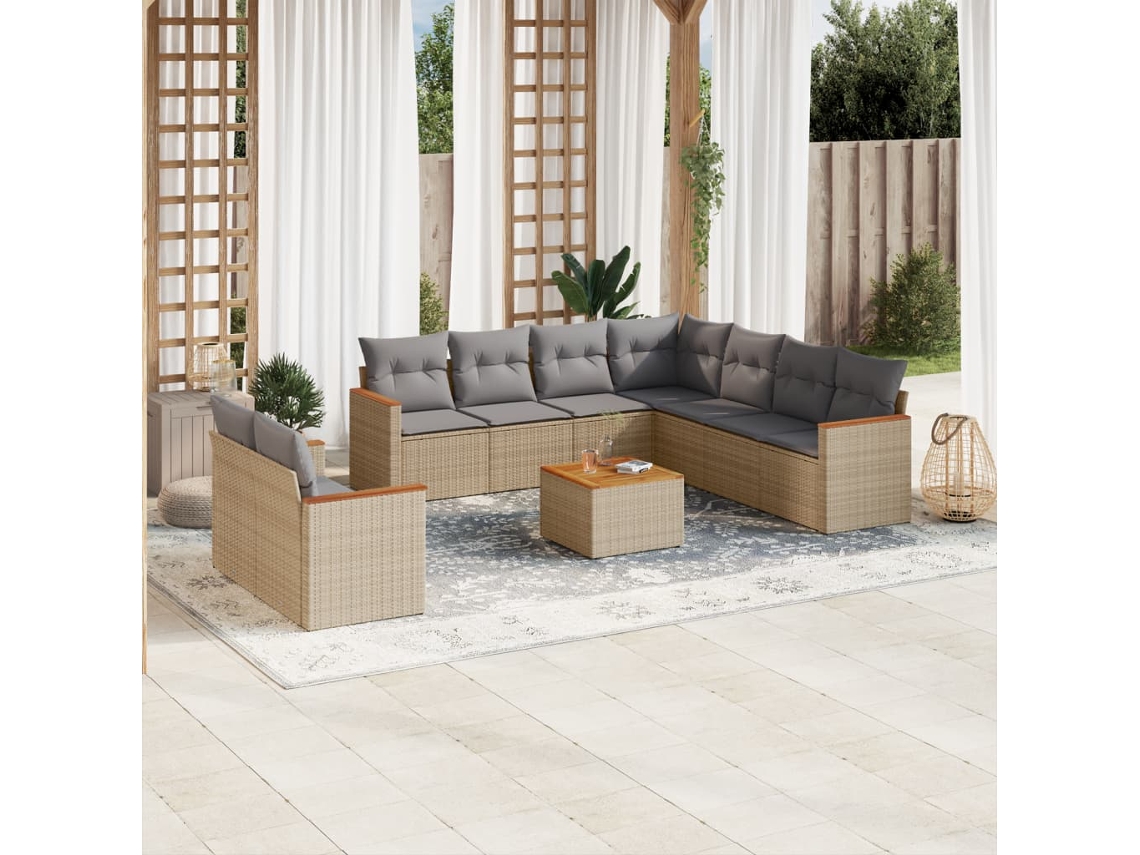 Vidaxl 10 Pcs Conjunto de Sofás P/ Jardim com Almofadões Vime Pe Bege