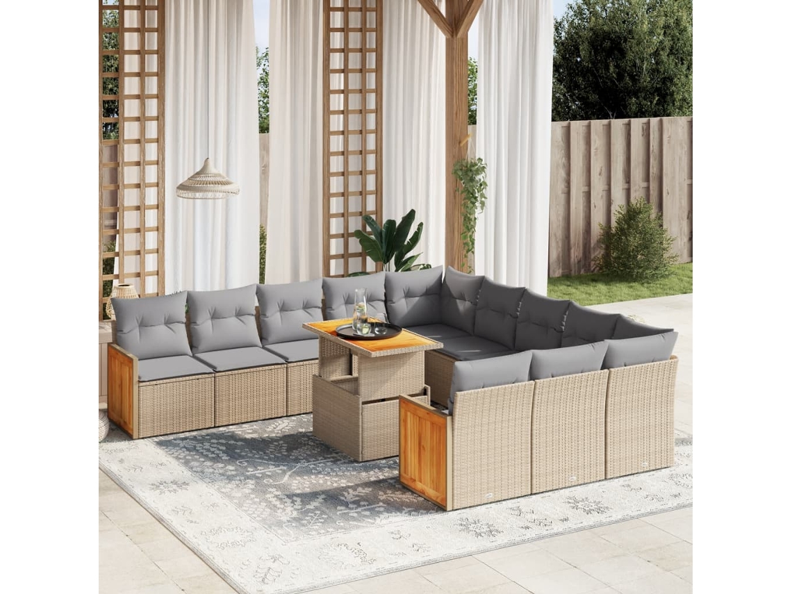 Vidaxl 11 Pcs Conjunto Sofás De Jardim C/ Almofadões Vime Pe Bege