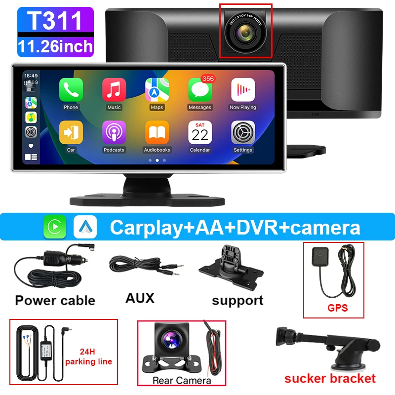 (dvr 24h + Gps Sem Sim) Câmera Veicular 4k De 11,26 Polegadas Com Carplay Sem Fio E Gps De Lente Dupla.