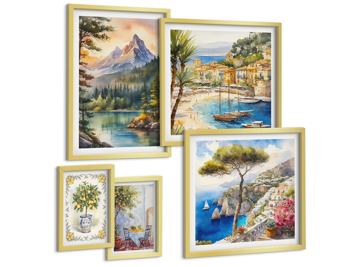 Quadros Decorativos Para Parede Árvore Cítrica, Vista Da Janela Moldura Dourada Quadros Para O Escritório Espelharte (conjunto De 5 Imagens)