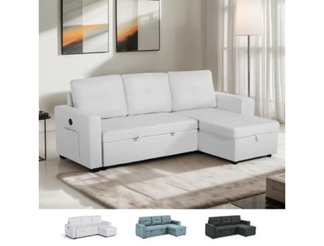 Sofá-cama de 3 lugares com chaise longue, armazenamento USB C, estante de sofá estilo cívico