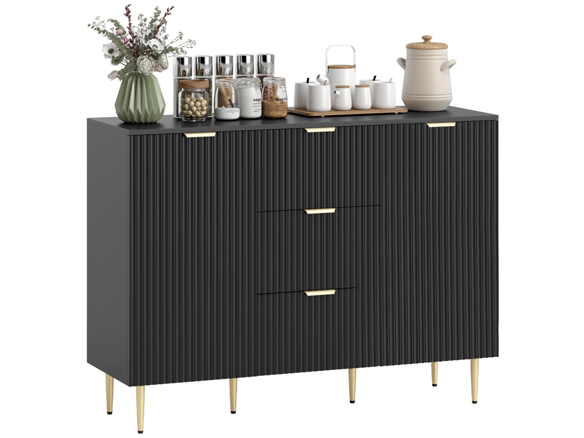 Aparador De Cozinha Com Espaço De Armazenamento, 3 Gavetas, Prateleiras Ajustáveis E Portas Caneladas. 120 X 40 X 90 Cm. Preto.