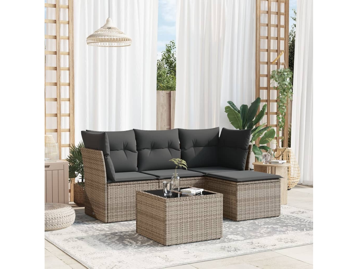 Vidaxl 5 Pcs Conjunto Sofás De Jardim C/ Almofadões Vime Pe Cinzento