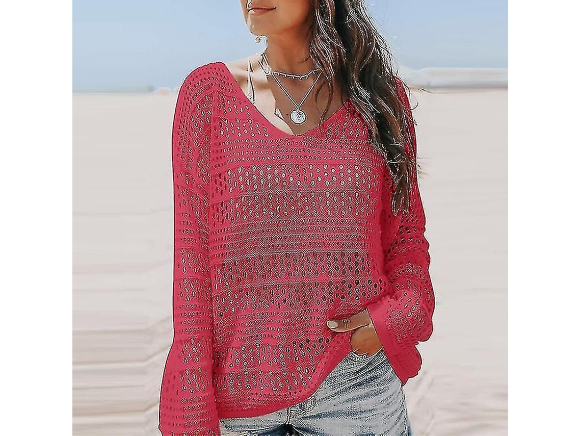 2026 chaqueta de Bikini para Mulher com Gola V e Crochê de Manga Longa de Cor Solida para Praia