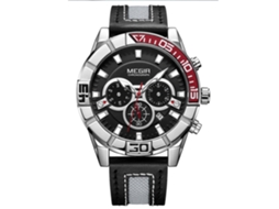 Relógio masculino Megir, modelo simples, com mecanismo de quartzo, mostrador preto e pulseira de couro sintético.