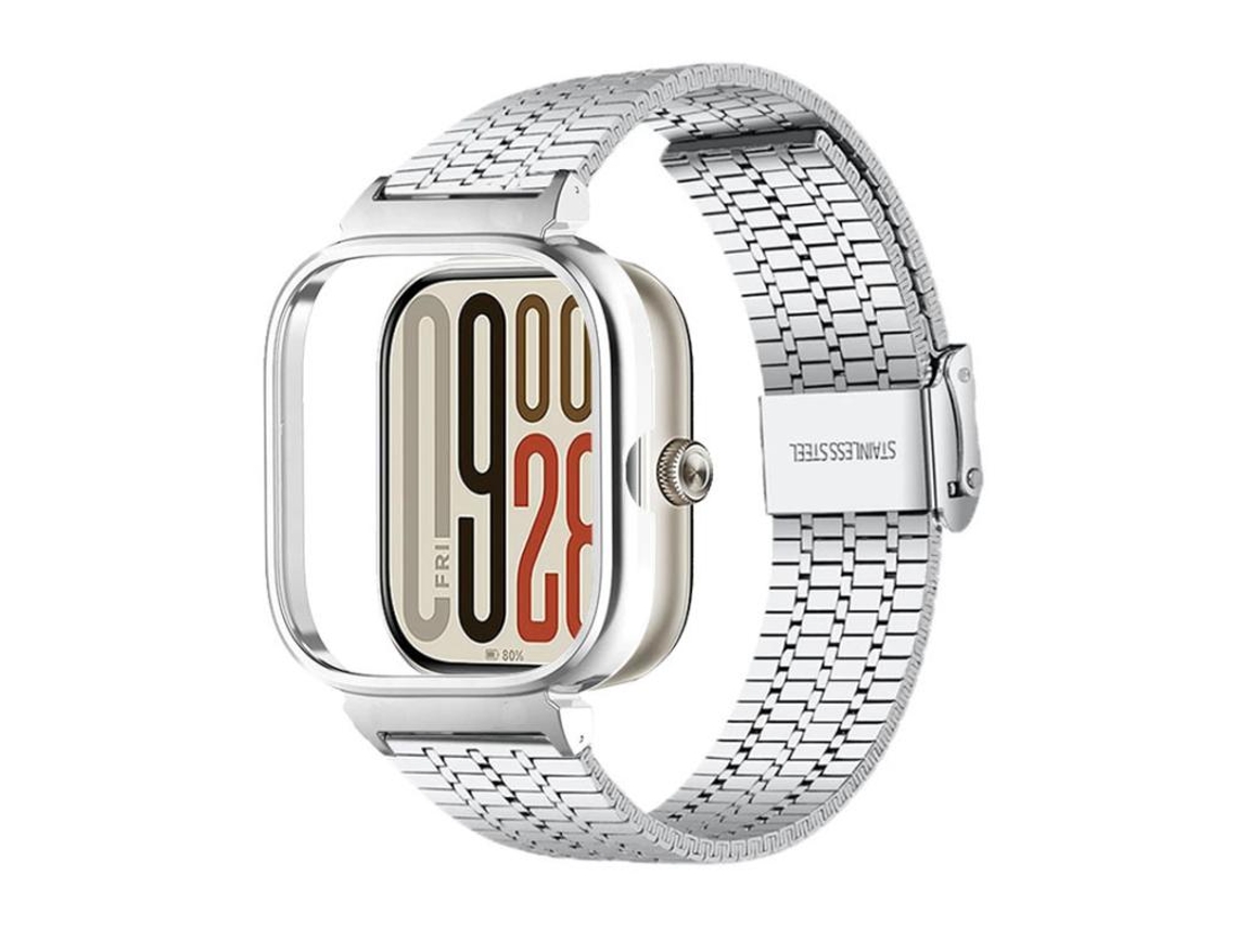 Bracelete para Redmi Watch 6 / 5 / 4 Aço Inoxidável Fivela Integrada Sete Contas Estrutura Metálica Prateada XIAOMOYU