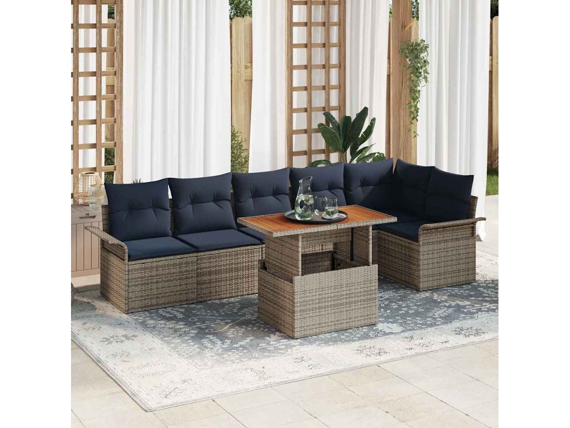 Vidaxl Conjunto De Sofá De Jardim 7 Unid. Cinza E Azul Marinho Vime Pe