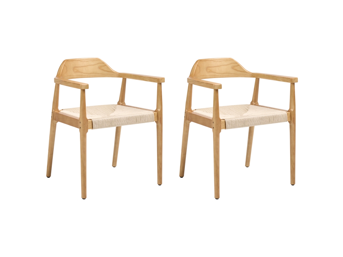 Conjunto De Cadeiras Com Assentos Em Fio De Papel Beliani Oakdale De Madeira De Seringueira Castanho Claro/creme 58x53x73