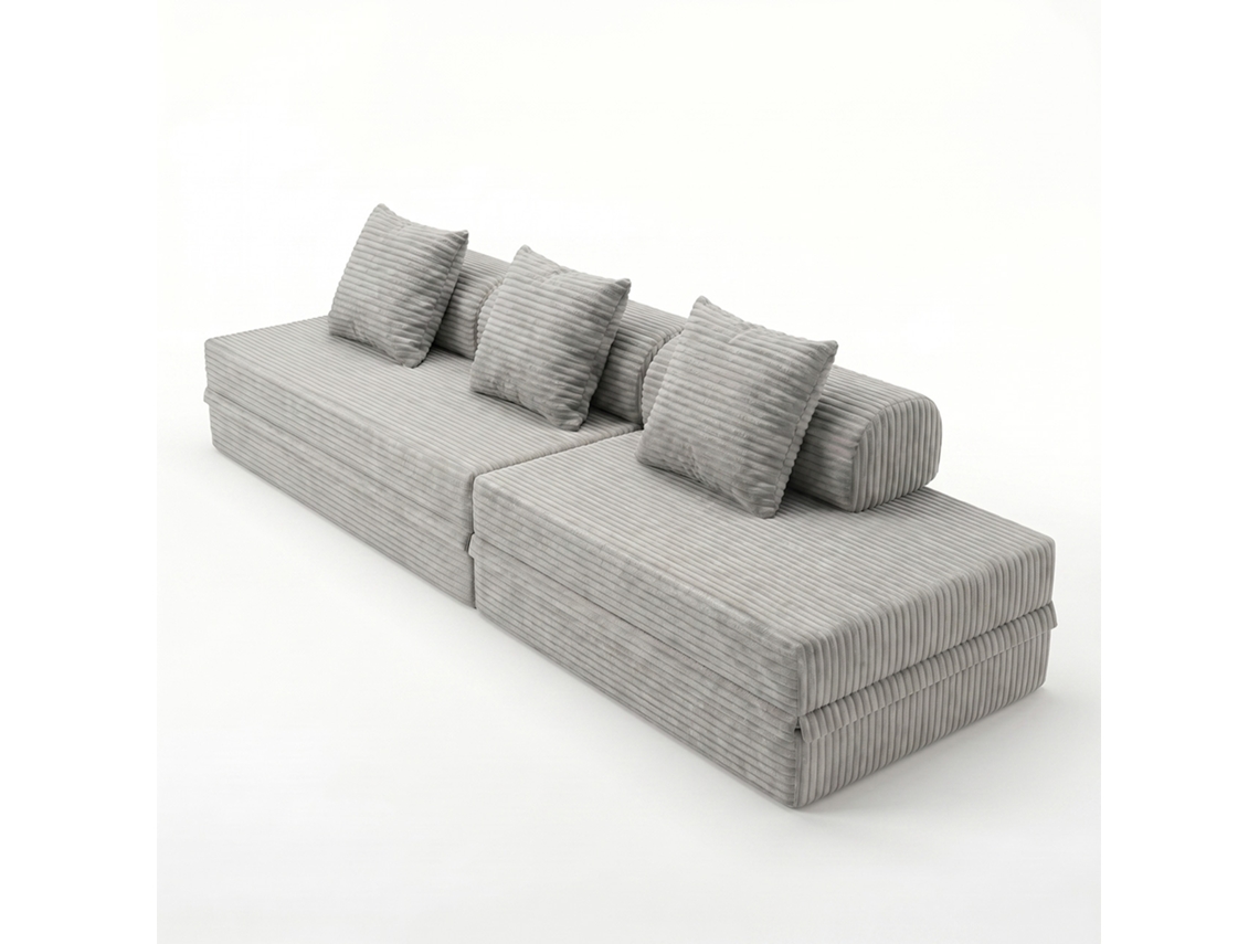 Sofá Modular 3+2 Lugares Convertível Veludo Listado Cinza SKOFFA