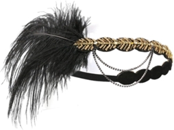 Tiara De Franjas Douradas Com Strass, Acessório Vintage Com Penas.