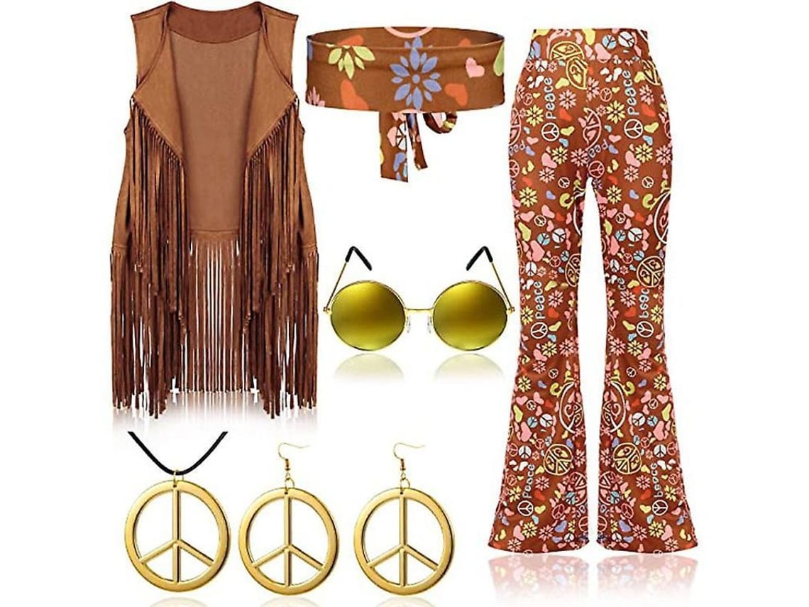 2026 traje Hippie Retrô Dos Anos 70 com Colete de Franje, Calças e Cachecol para Festa Disco Carnaval Halloween
